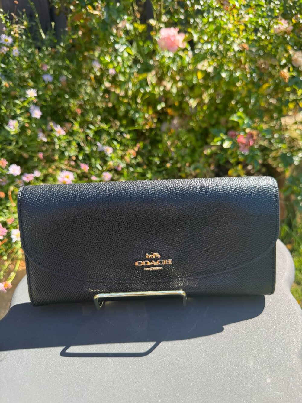 Coach Black Crossgrain Leather Envelope Continental Wallet Gold Logo